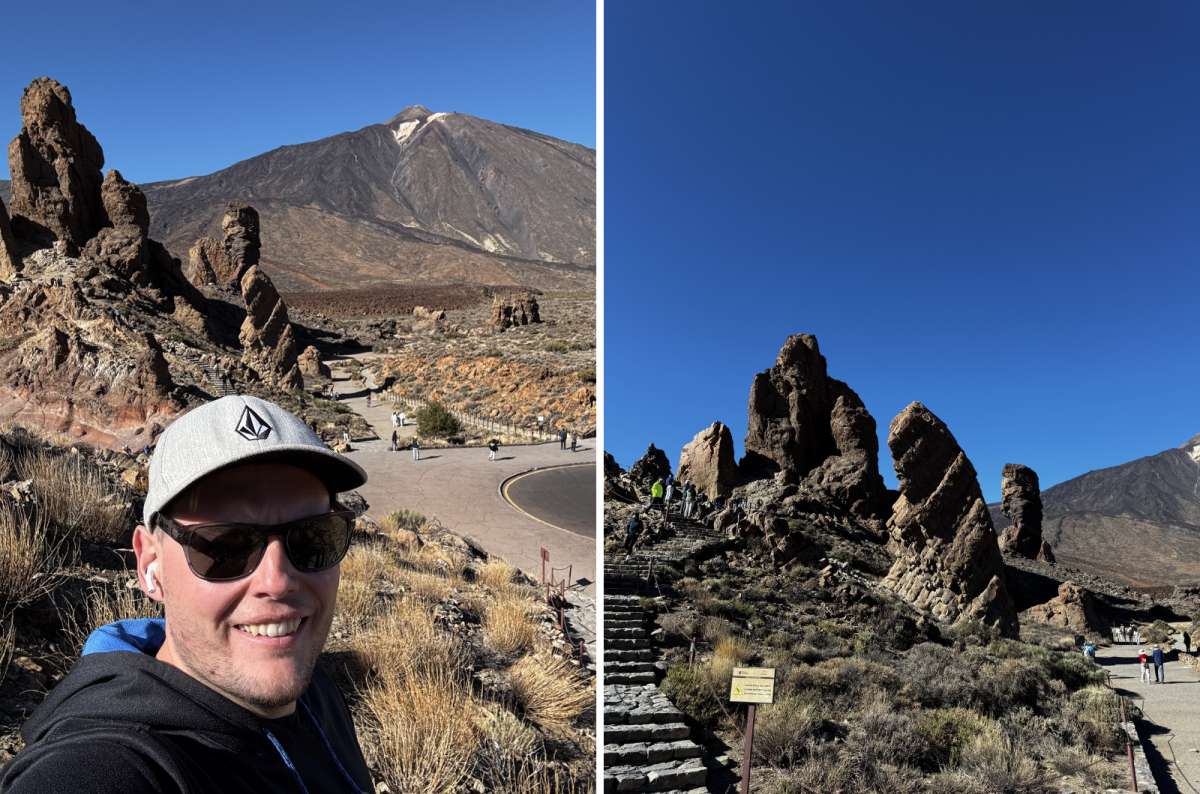 a collage of photos of a tourist posing in front of Roques de García in Teide National Park, a Tenerife nature reserve, Canary Islands, photo by Next Level of Travel
