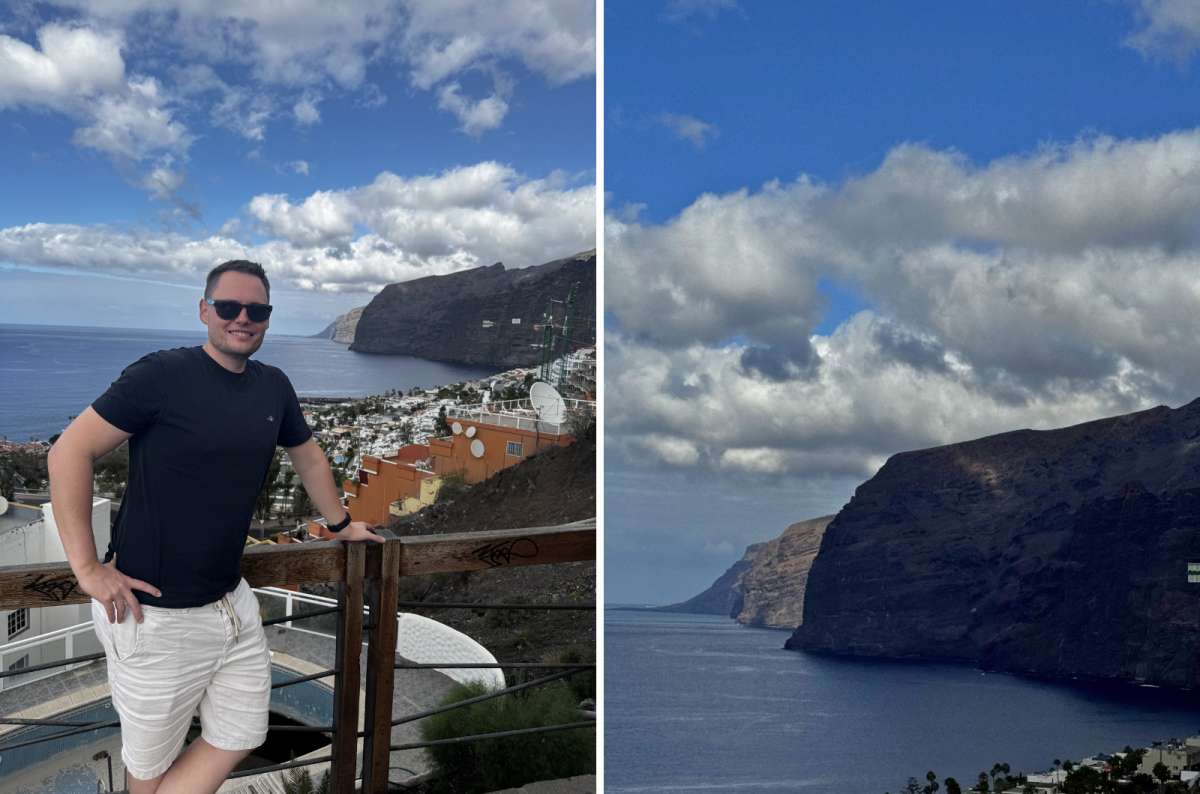 a collage of photos of a tourist posing in front of the Los Gigantes Cliffs and a photo of the cliffs and Tenerife landscapes, Canary Islands, photo by Next Level of Travel