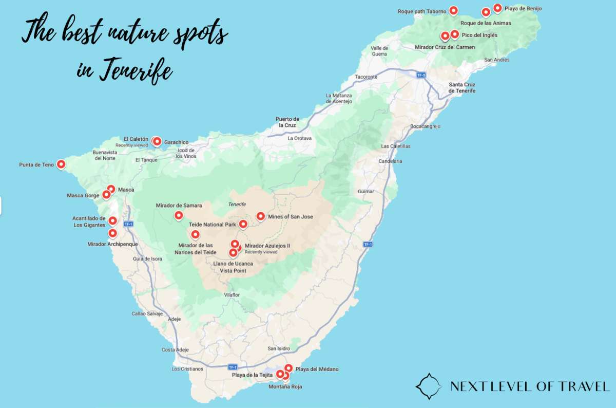 a map of all the places highlighted in this article about the best natural spots in Tenerife, Canary Islands, photo by Next Level of Travel