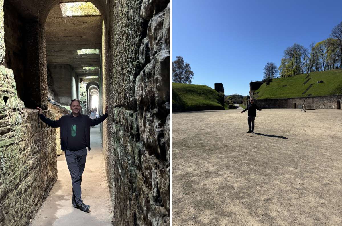  a collage of photos of a tourist posing in the thermal baths and the Roman Amphitheatre, Trier, Germany, photo by Next Level of Travel