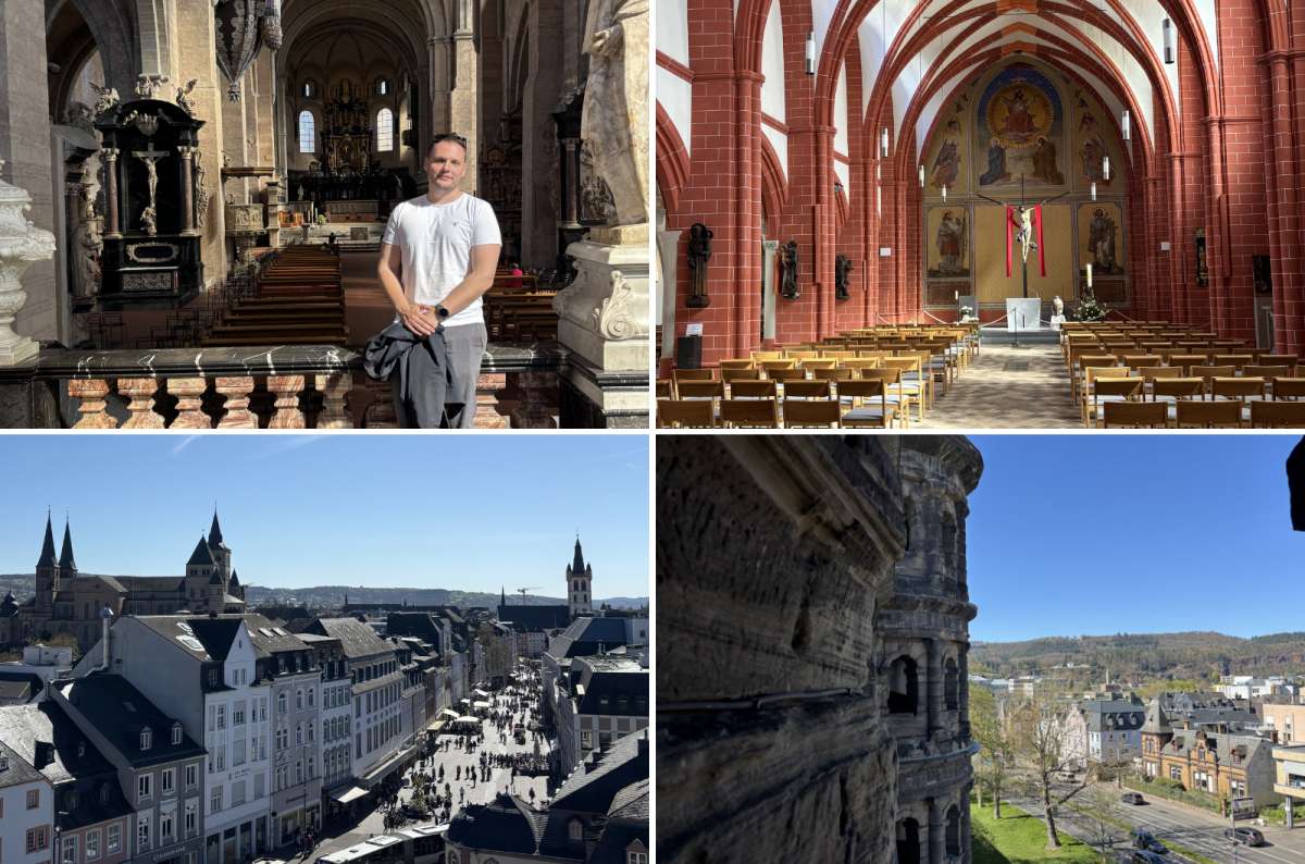 a collage of all the things to do in the early morning part of your day in Trier, Germany, photo by Next Level of Travel