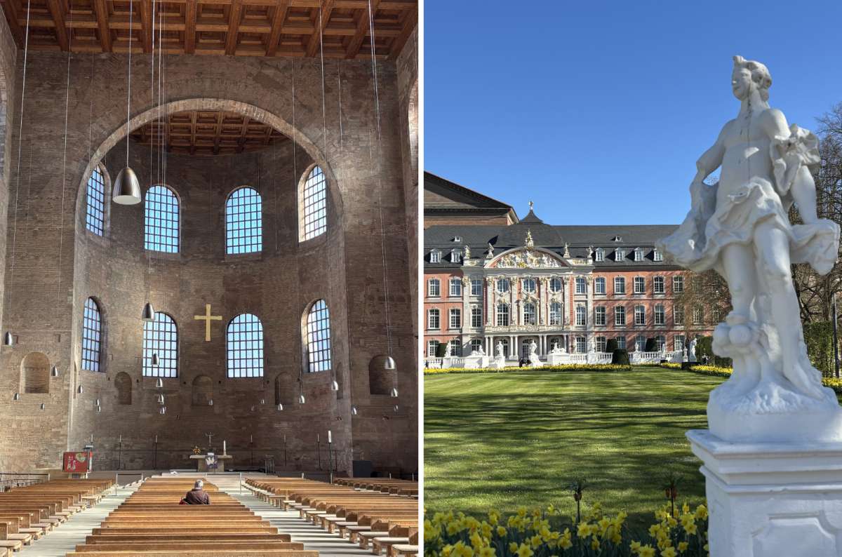 a collage of photos contrasting the inside and the outside of Aula Palatina, Trier, Germany, photo by Next Level of Travel
