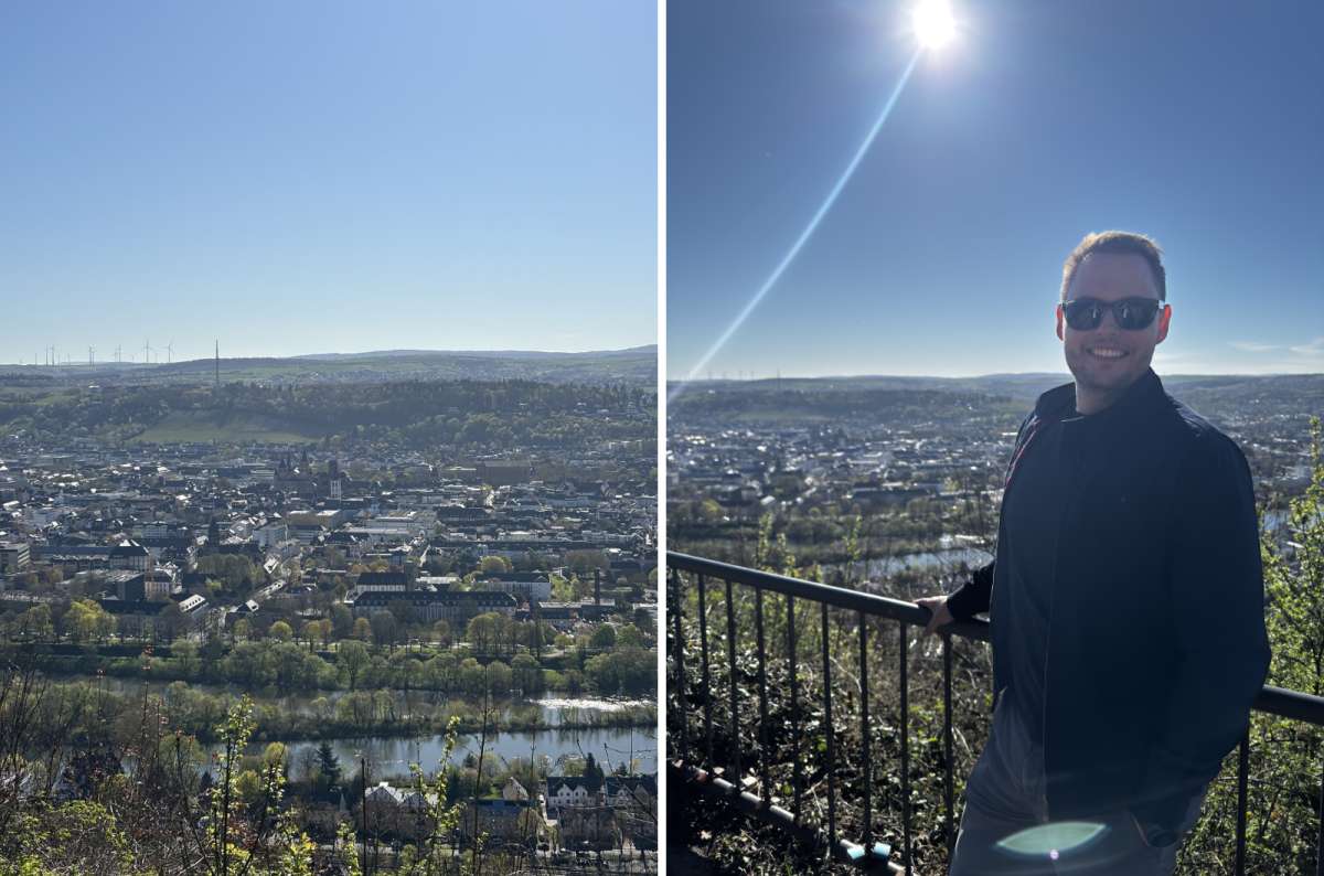 a collage of photos from Mariensäule showing the view of the city, Trier, Germany, photo by Next Level of Travel