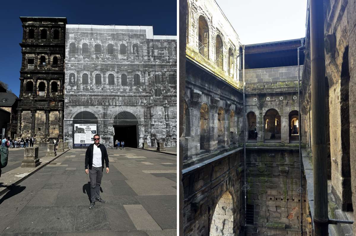 a collage of photos from Porta Nigra showing the monument being partially closed for construction and the inside of the monument, Trier, Germany, photo by Next Level of Travel