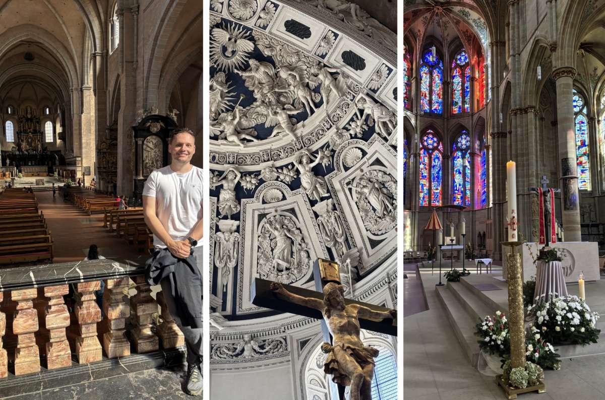 a collage of photos from the inside of the Trier Cathedral, showing the beauty and grace of the place, Germany, photo by Next Level of Travel