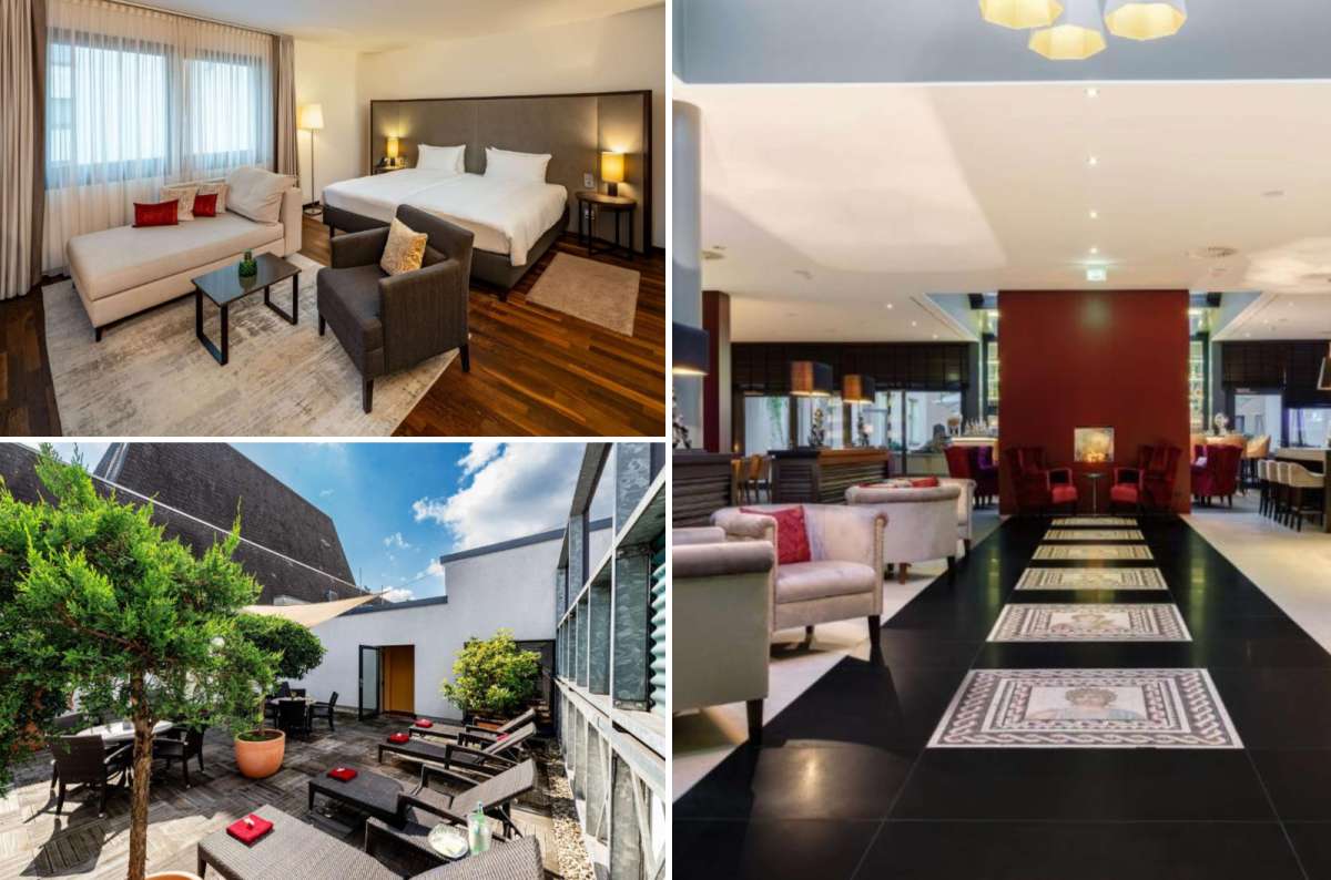 a collage of photos from the Park Plaza Trier hotel, showing the layout of the lobby, terrace and the lobby, Germany
