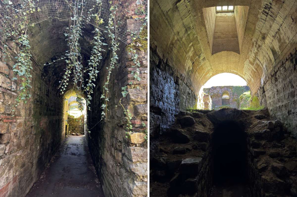 a collage of photos from the underground part of Kaiserthermen, Trier, Germany, photo by Next Level of Travel