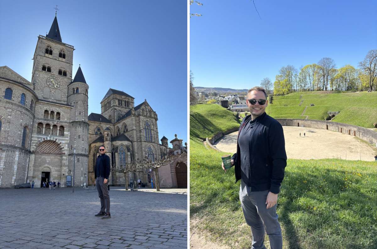a collage of photos of a tourist posing in front of the Trier Cathedral and the Roman Amphitheatre, Germany, photo by Next Level of Travel
