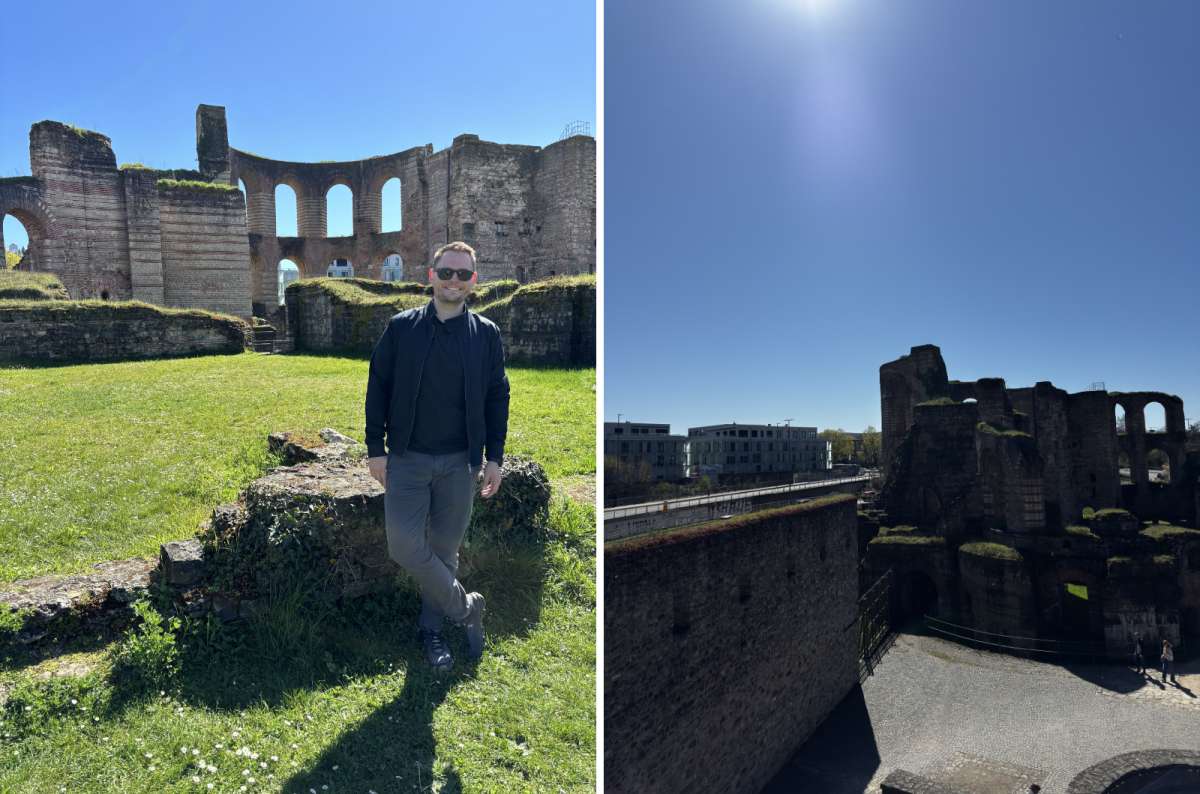 a collage of photos showing a part of the thermal baths above ground, in Trier, Germany, photo by Next Level of Travel