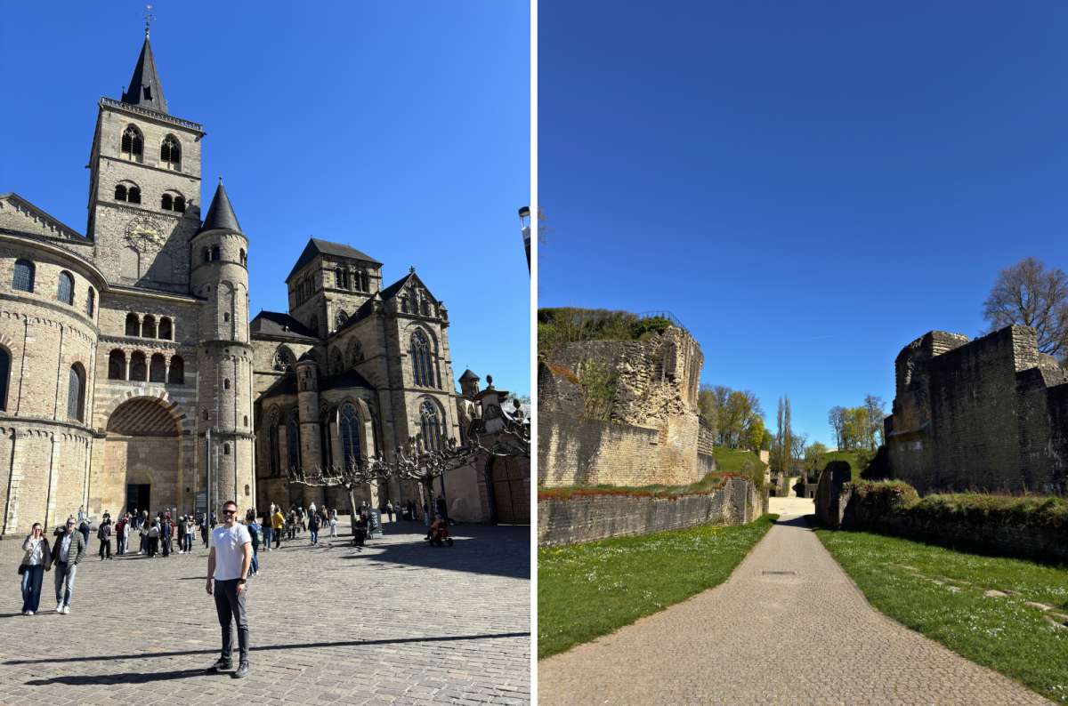 a collage of photos showing a tourist posing in front of the Trier Cathedral and a photo of the path towards the Roman Amphitheatre in Trier, Germany, photo by Next Level of Travel