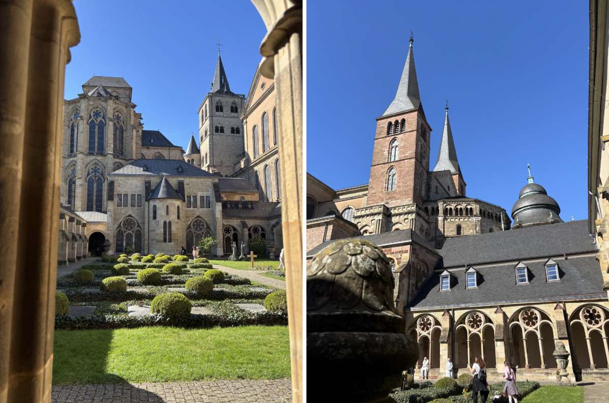 a collage of photos showing the garden and the small square inside the area of the Trier Cathedral, Germany, photo by Next Level of Travel