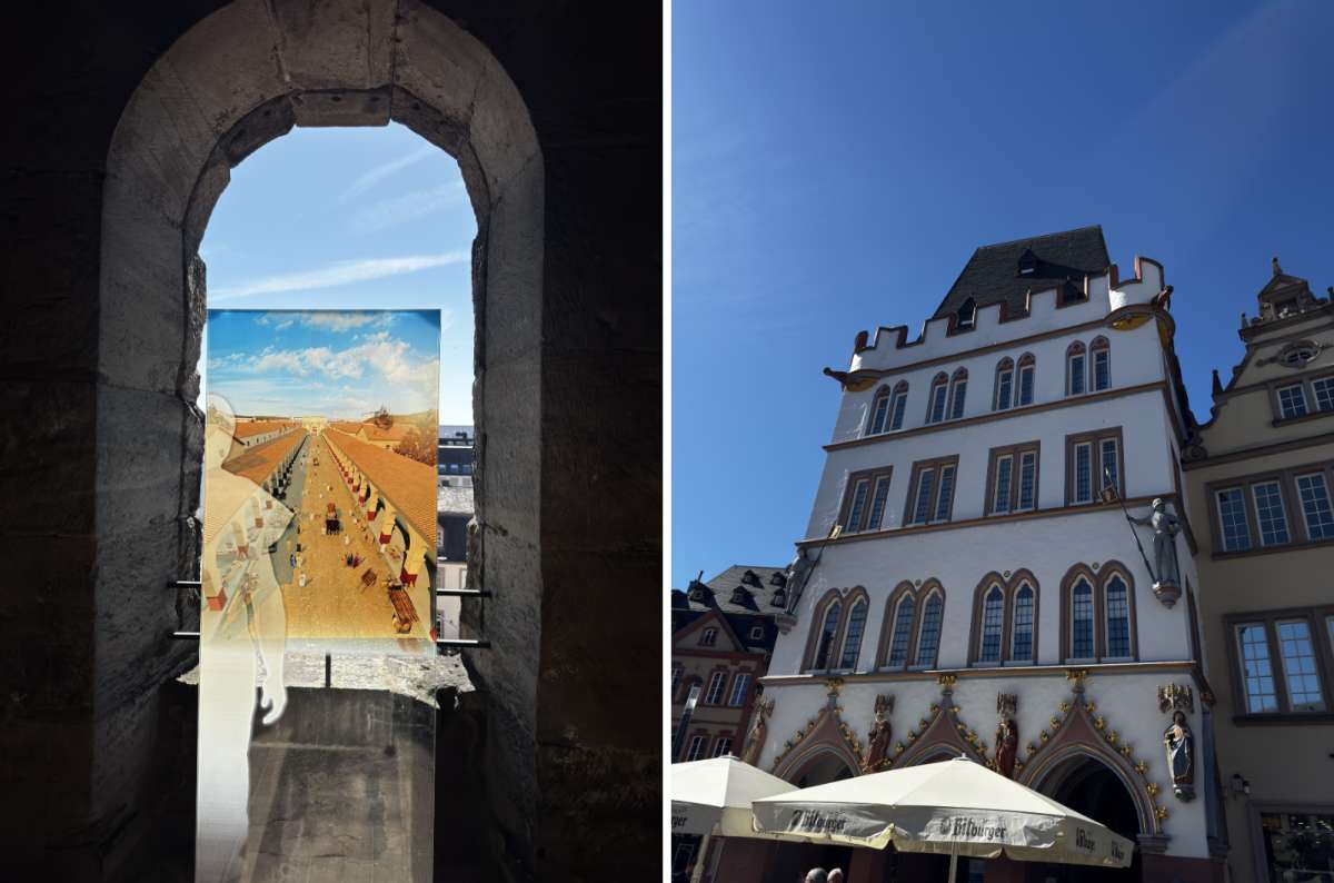 a collage of photos showing the historic view of the market square compared to the present look of the market square, Trier, Germany, photo by Next Level of Travel