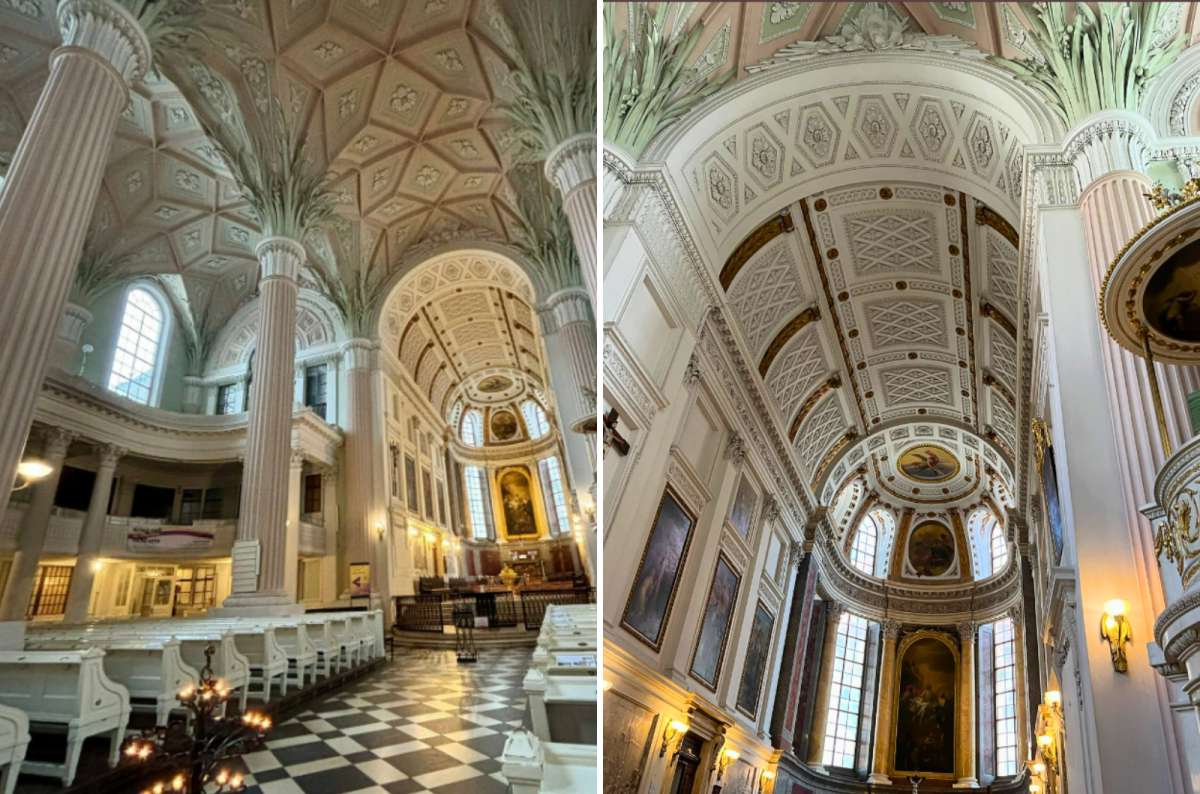 Interior of St. Nicholas Church in Leipzig, Germany with pastel columns and vaulted ceilings