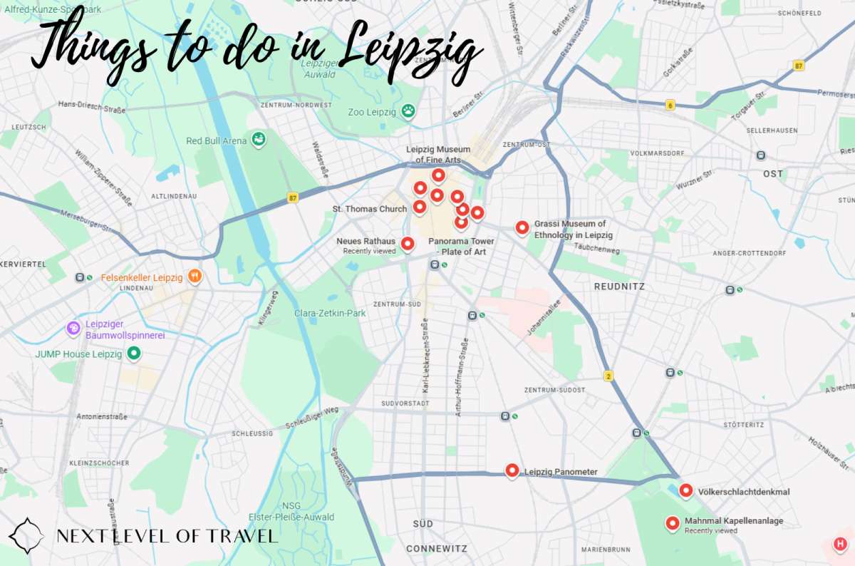 Map of the best things to do in Leipzig, Germany, including major attractions and landmarks in the city center, created by Next Level of Travel
