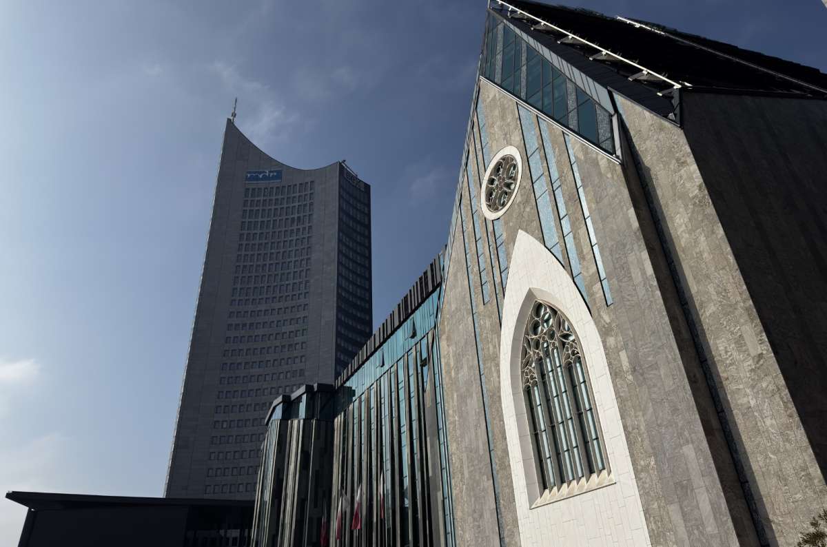 Modern architecture of the Paulinum church and Panorama Tower in Leipzig, Germany, photo by Next Level of Travel