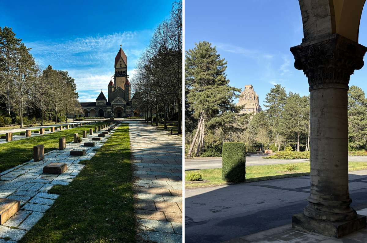 Südfriedhof cemetery chapel with the Battle of the Nations Monument in the background in Leipzig, Germany, photo by Next Level of Travel