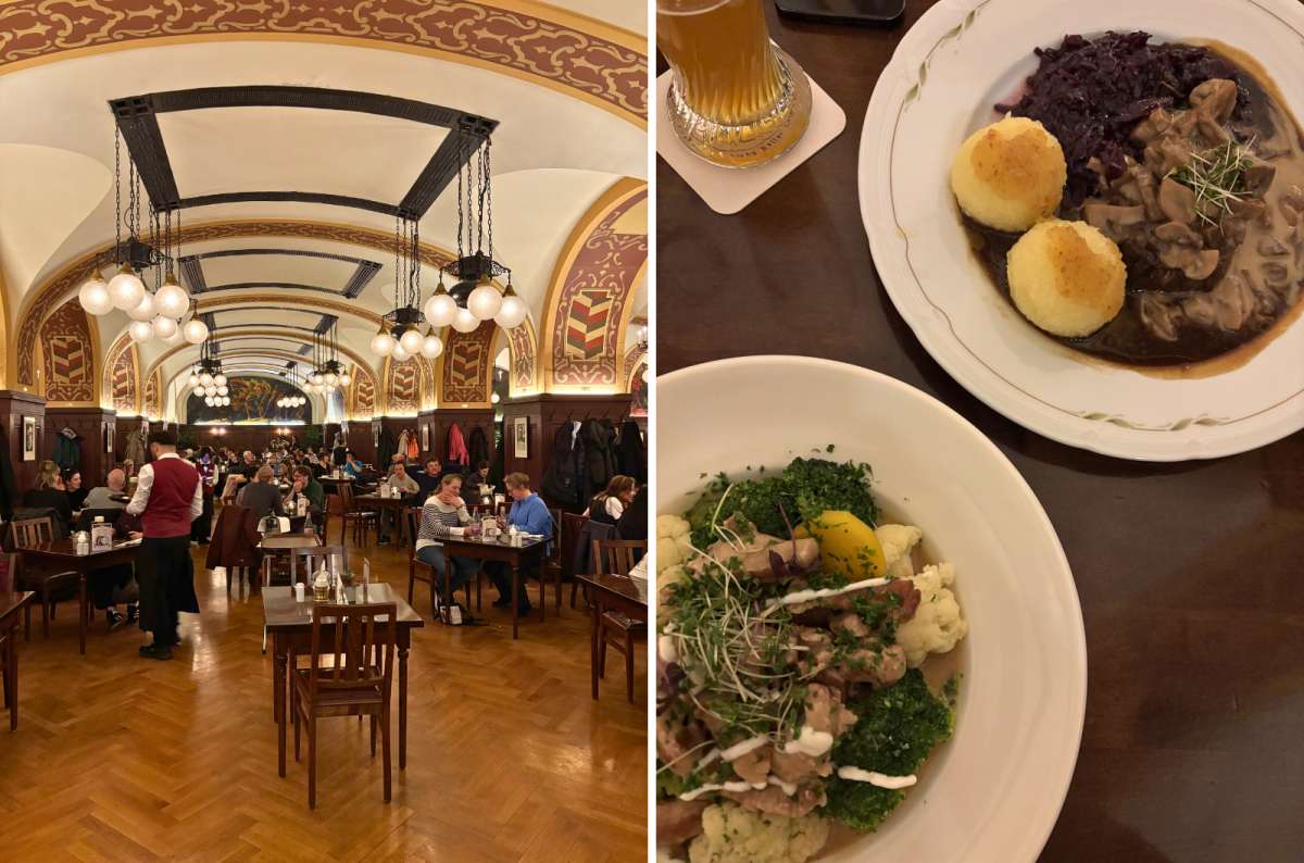 Traditional German food and historic dining hall interior at Gosenschenke Ohne Bedenken restaurant in Leipzig, Germany, photo by Next Level of Travel