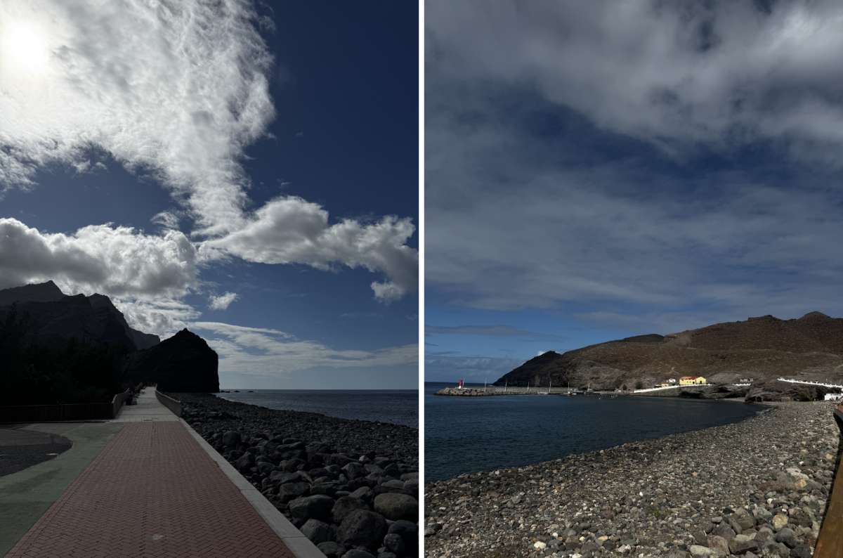 a collage of photos from Aldea Beach, showing the rocky texture and the path of red stone, Canary Islands, photo by Next Level of Travel
