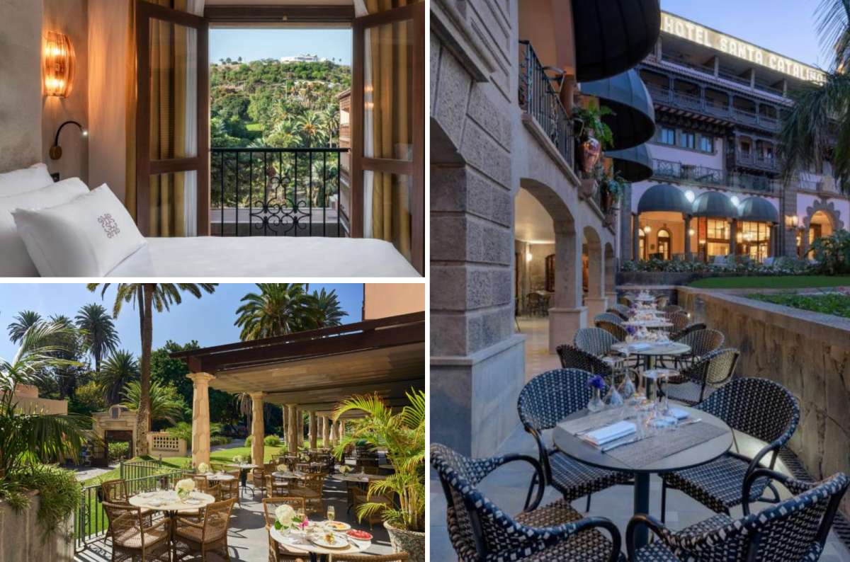 a collage of photos from Hotel Santa Catalina in Las Palmas de Gran Canaria, showing the hotel exterior, and the garden restaurant terrace, Canary Islands, photo by Next Level of Travel