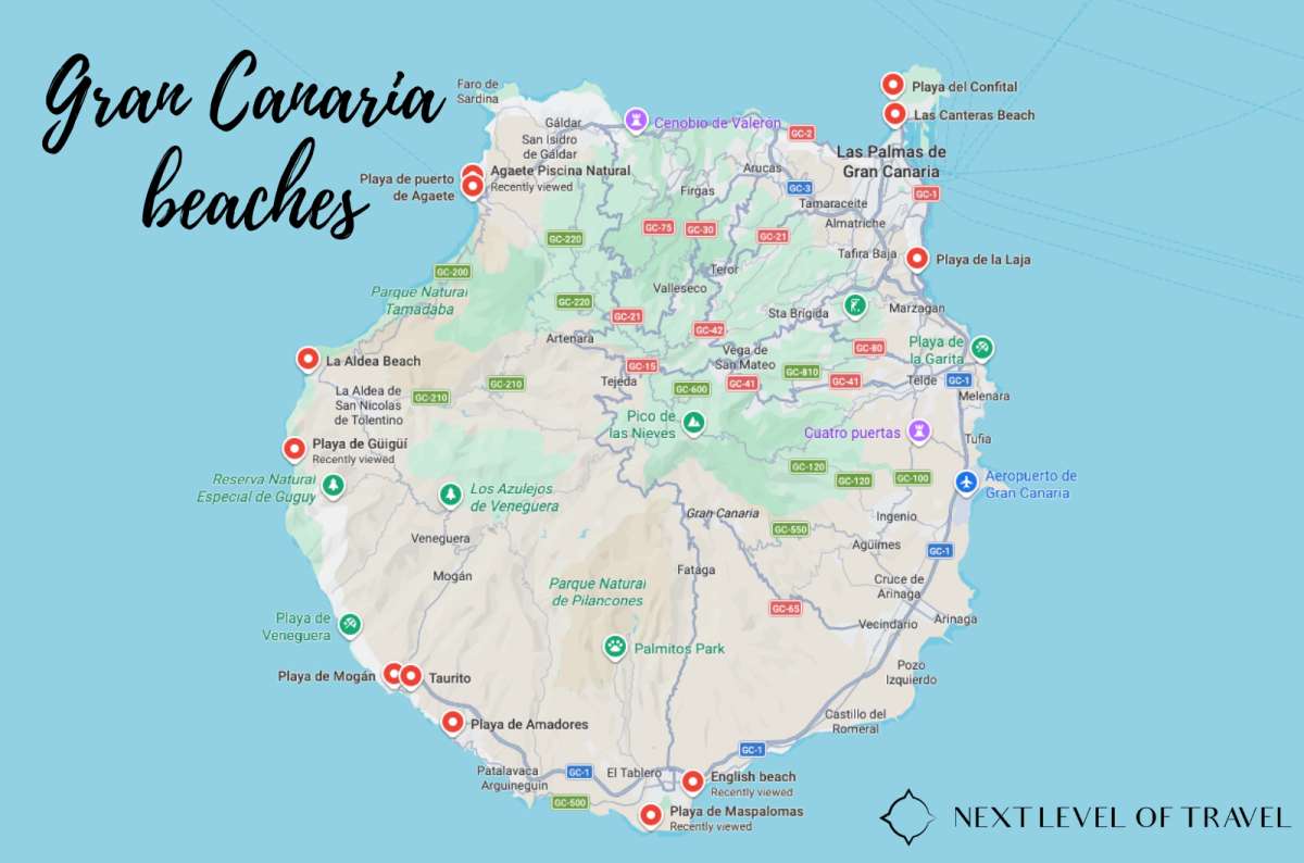 a photo of a map showing the best beaches in Gran Canaria, Canary Islands, photo by Next Level of Travel