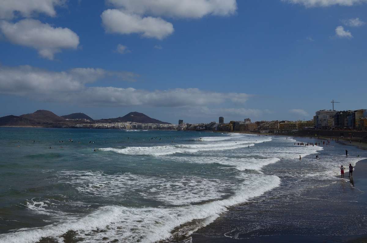 a photo of the Playa de Las Canteras showing the high-rise buildings of the city in the background, Canary Islands