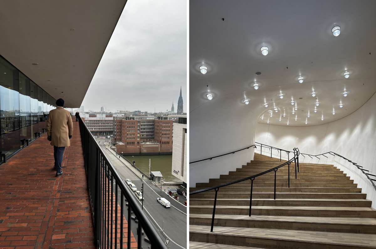 : a collage of photos from the inside of the Elbphilharmonie showing the balcony and the light decorations inside, Hamburg, Germany, photo by Next Level of Travel
