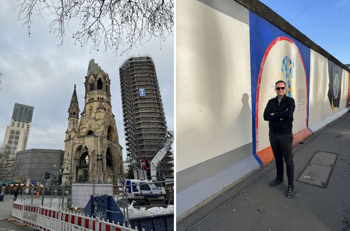 a collage of photos from Berlin, showing one of the churches and the East Side Gallery, Germany, photo by Next Level of Travel