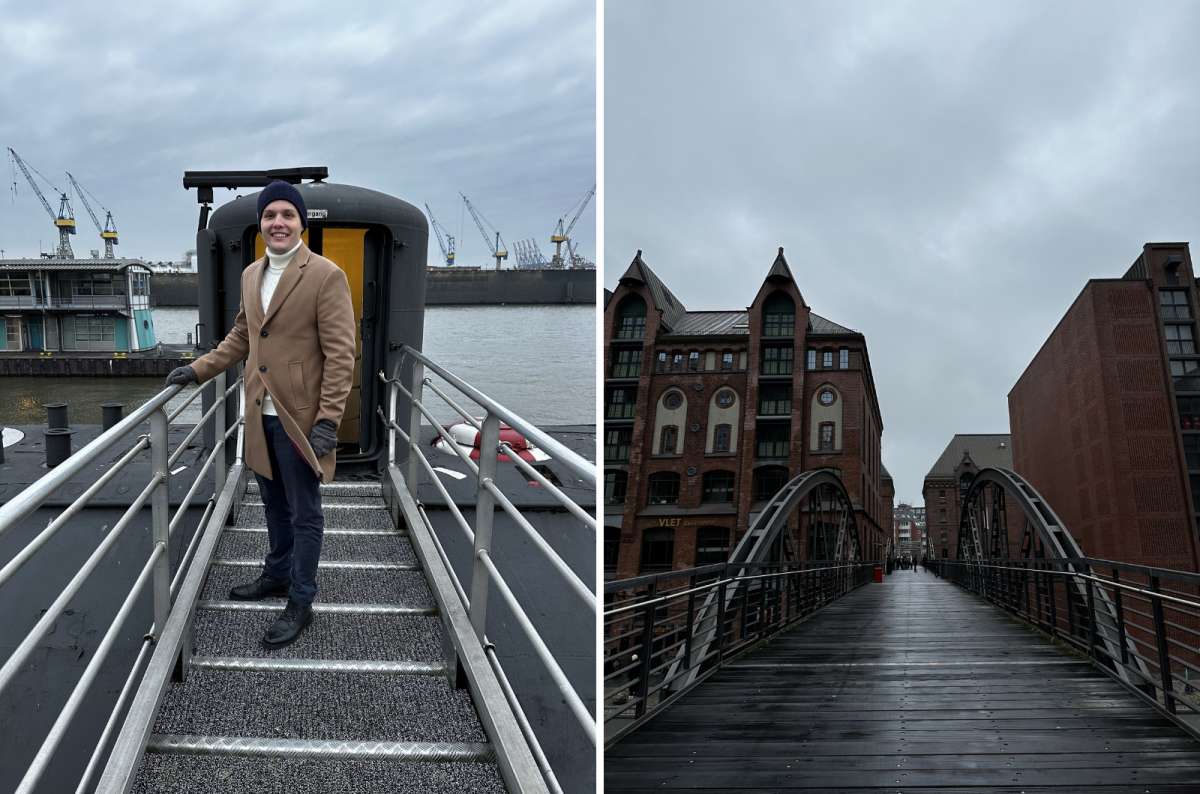 a collage of photos from Hamburg with a tourist posing in front of one of the ships, Germany, photo by Next Level of Travel