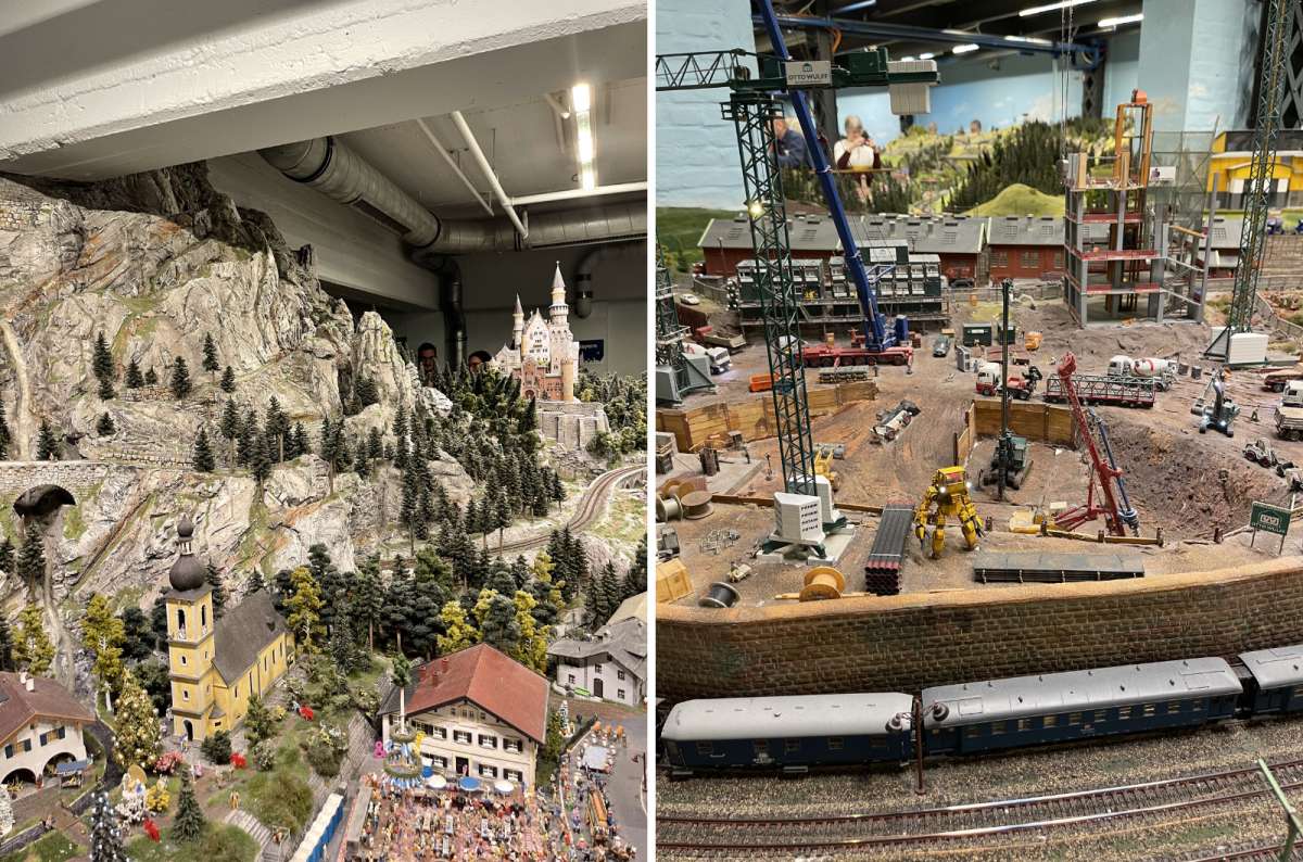 a collage of photos from Miniatur Wunderland showing the various models exhibited there, Germany, photo by Next Level of Travel