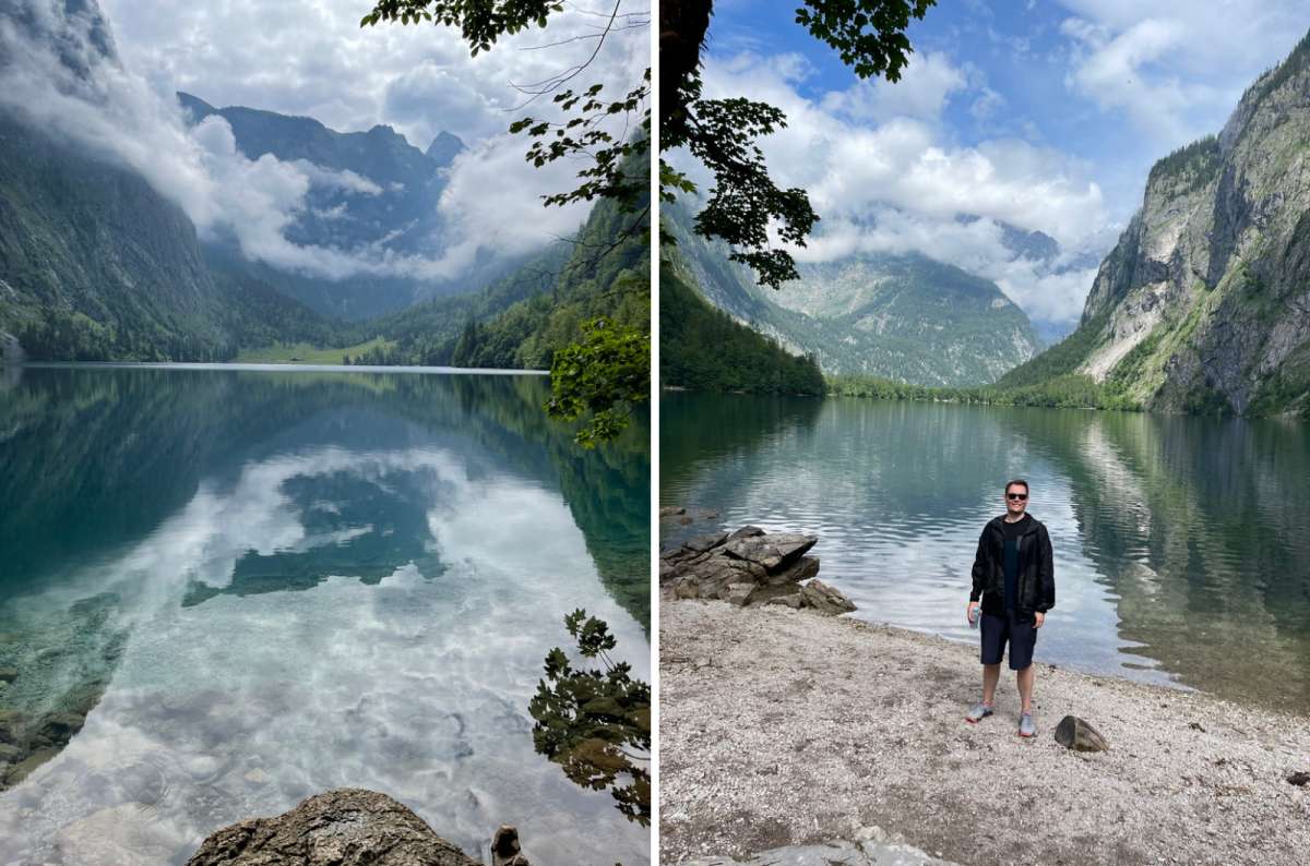 a collage of photos from Obersee, showing a tourist posing in front of the amazing view, Berchtesgaden, Germany, photo by Next Level of Travel