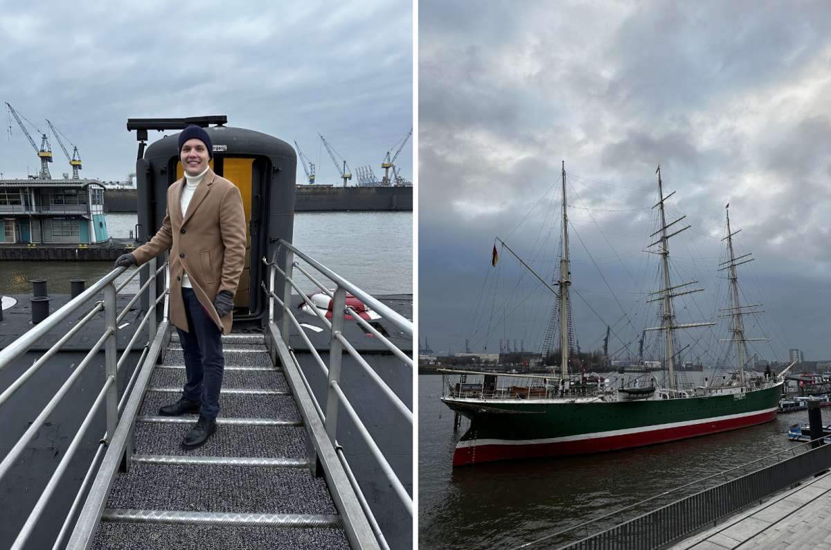 a collage of photos from the Hamburg port, showing the beautiful ships placed in the harbor, Germany, photo by Next Level of Travel