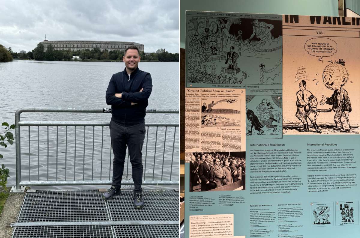 a collage of photos from the Nuremberg Nazi Rally, with a tourist posing in front of the building and a photo of one of the exhibitions, Germany, photo by Next Level of Travel