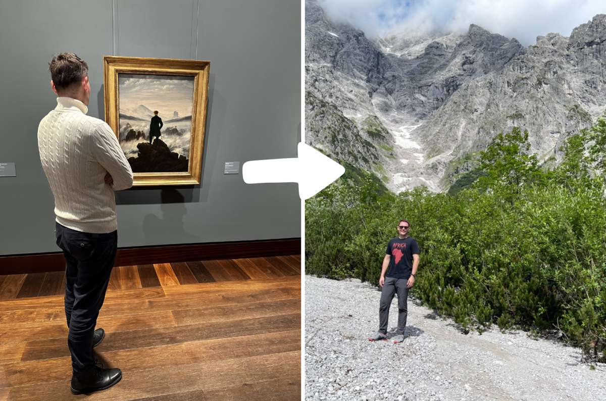 a collage of photos of a tourist looking at the painting of the Wanderer über dem Nebelmeer and a tourist posing among the mountains in Berchtesgaden, Germany, photo by Next Level of Travel