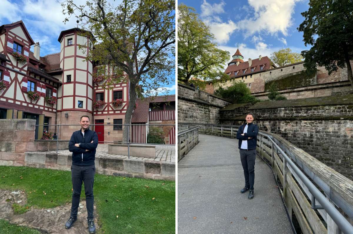 a collage of photos of a tourist posing in front of the Nuremberg Castle, Germany, photo by Next Level of Travel