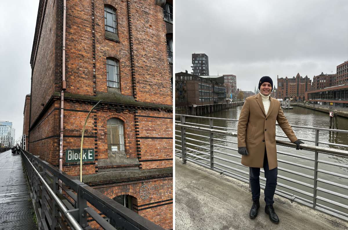 a collage of photos showing a tourist posing in front of the canal and a characteristic brick building, Hamburg, Germany, photo by Next Level of Travel