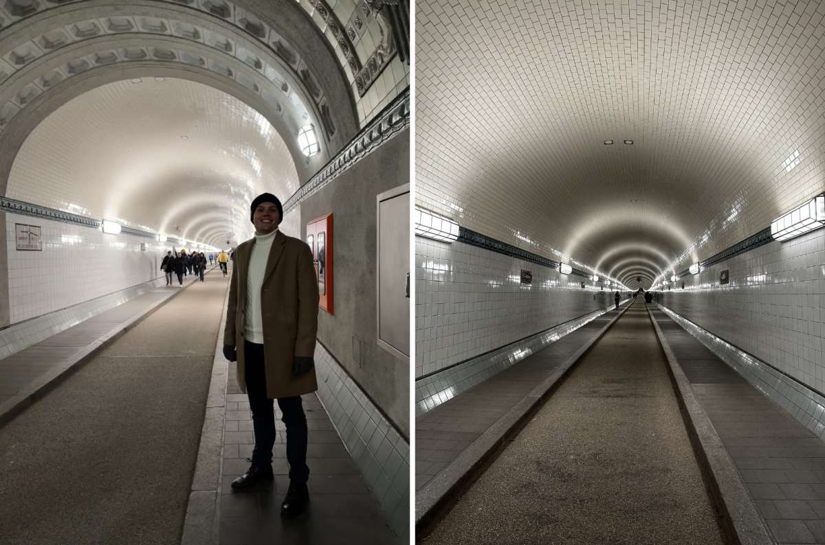 a collage of photos showing a tourist posing in the Elbe Tunnel and a photo of the tunnel itself, Hamburg, Germany, photo by Next Level of Travel