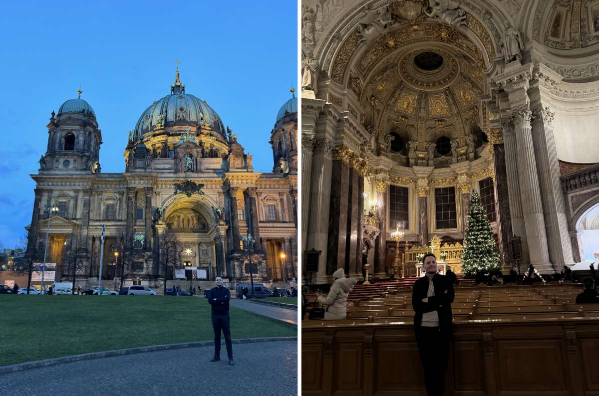 a collage of photos showing a tourist posing outside and inside the Berlin Cathedral, Germany, photo by Next Level of Travel