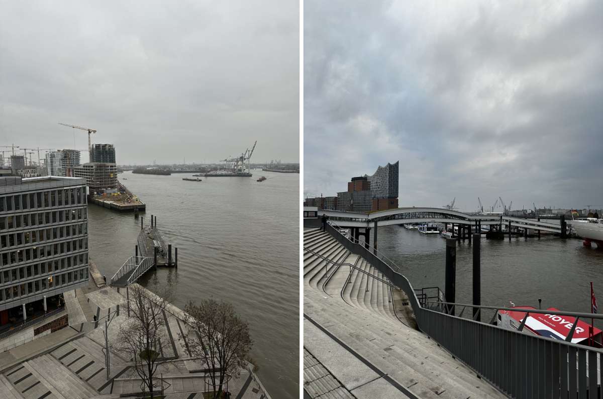 a collage of photos showing the harbor in Hamburg, with the view of the city in the background, Germany, photo by Next Level of Travel