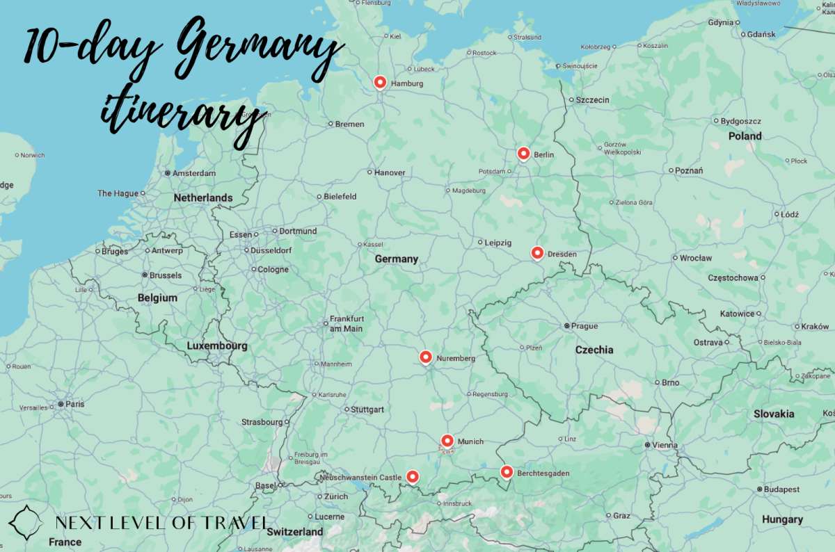 a map of all the cities highlighted in this 10-day Germany itinerary, photo by Next Level of Travel