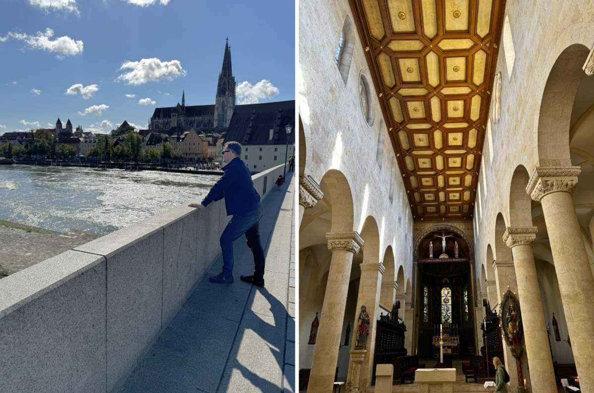  Tourist overlooking Regensburg Cathedral and interior of St. Emmeram Basilica in Regensburg, Germany, photo by Next Level of Travel