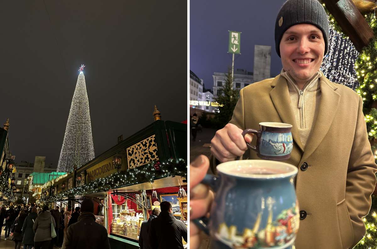Christmas market with giant Christmas tree and Glühwein mugs in Hamburg, Germany, photo by Next Level of Travel