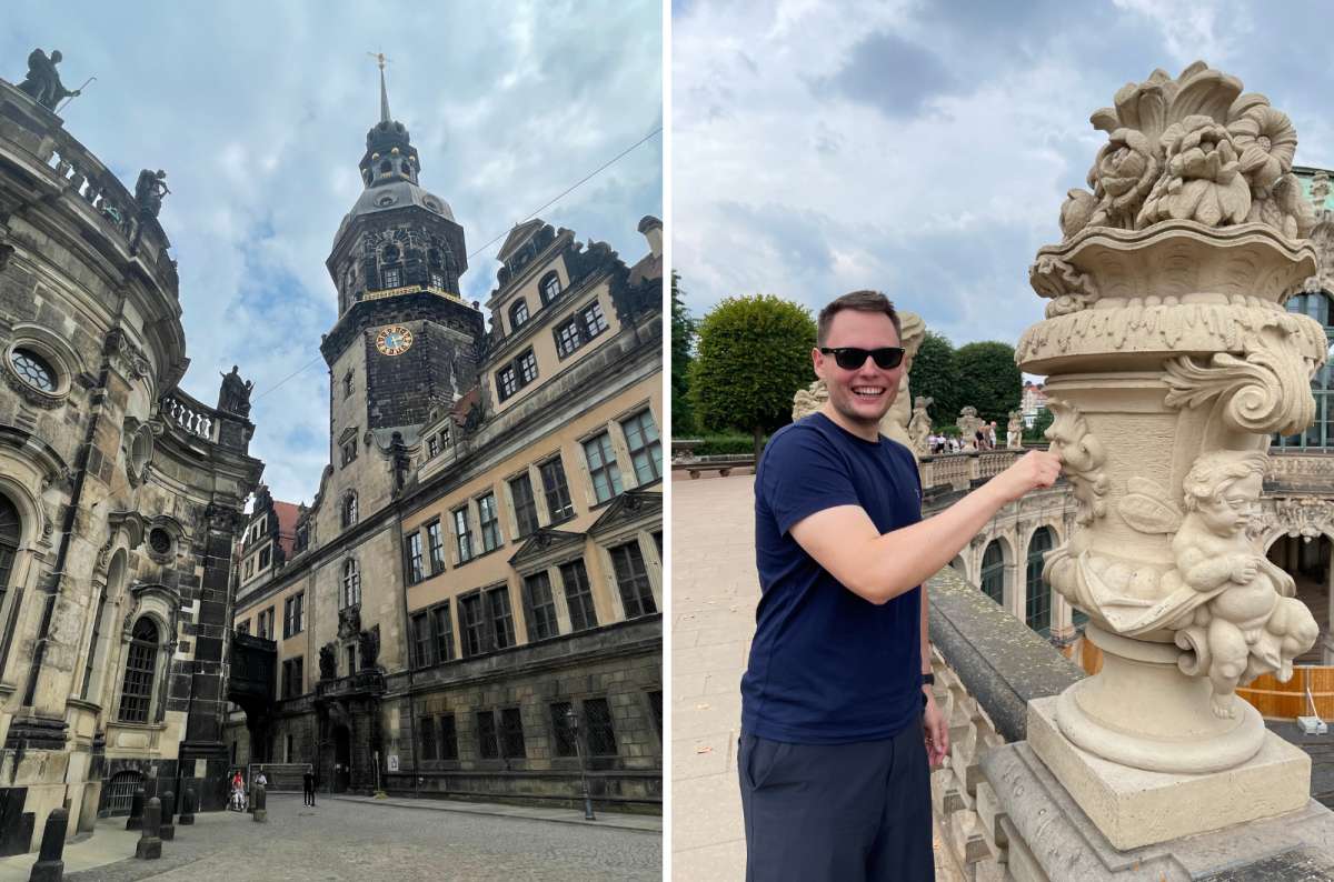 Dresden Castle tower and decorative details at the Zwinger courtyard in Dresden, Germany, photo by Next Level of Travel