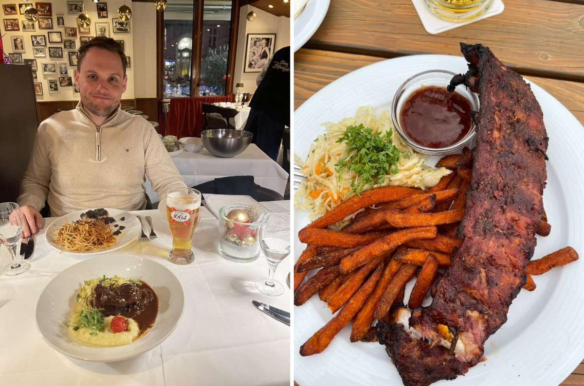 German restaurant meal with beef cheeks, ribs, sweet potato fries, and beer in Germany, photo by Next Level of Travel 