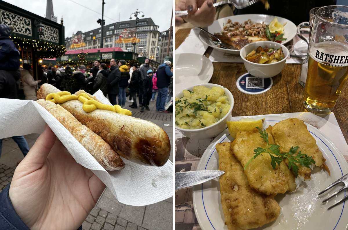 German sausage at a Christmas market and a traditional fish dinner with beer in Hamburg, Germany, photo by Next Level of Travel