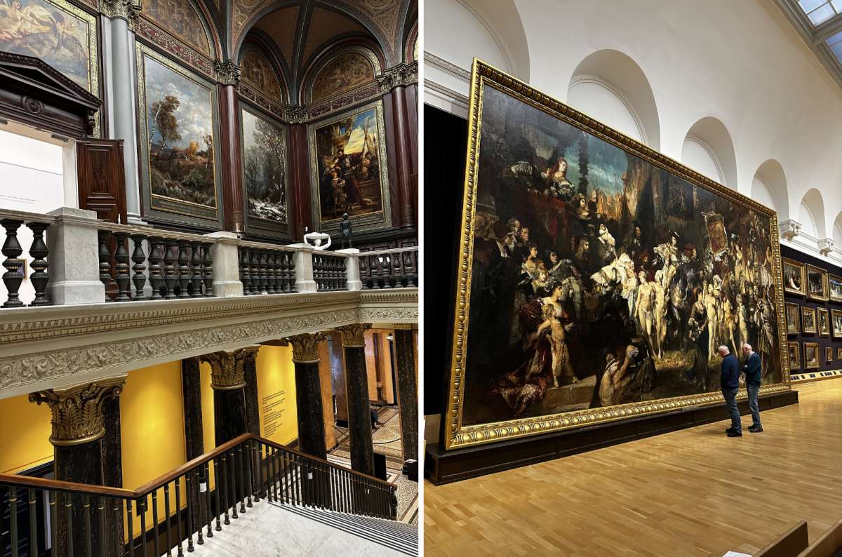 Historic staircase hall and large painting exhibition inside Hamburger Kunsthalle museum in Hamburg, Germany, photo by Next Level of Travel