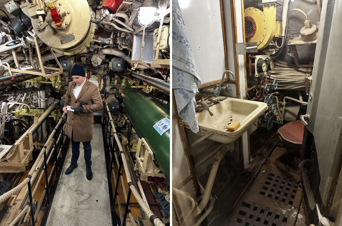 Interior of a Soviet submarine museum in Hamburg, Germany, showing torpedo room and tiny crew bathroom, photo by Next Level of Travel