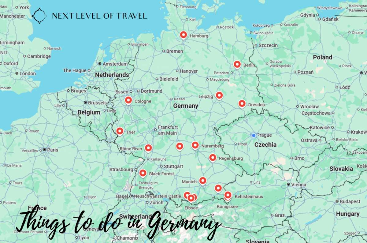 Map of the best things to do across Germany including Berlin, Hamburg, Cologne, Dresden, Bavaria, and the Black Forest, created by Next Level of Travel