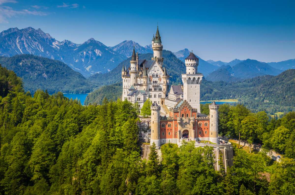Neuschwanstein Castle, surrounded by the Bavarian Alps near Füssen, Germany
