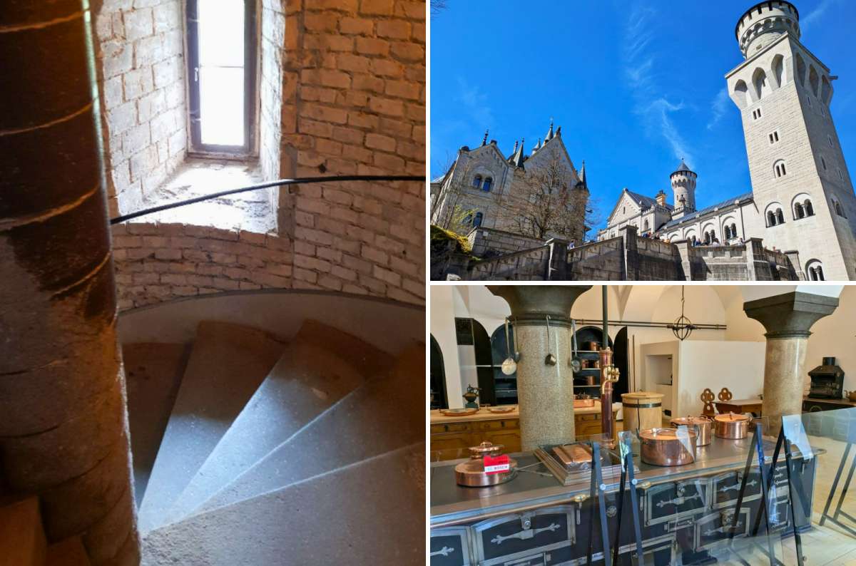 Spiral staircase, exterior towers, and historic kitchen inside Neuschwanstein Castle in Bavaria, Germany