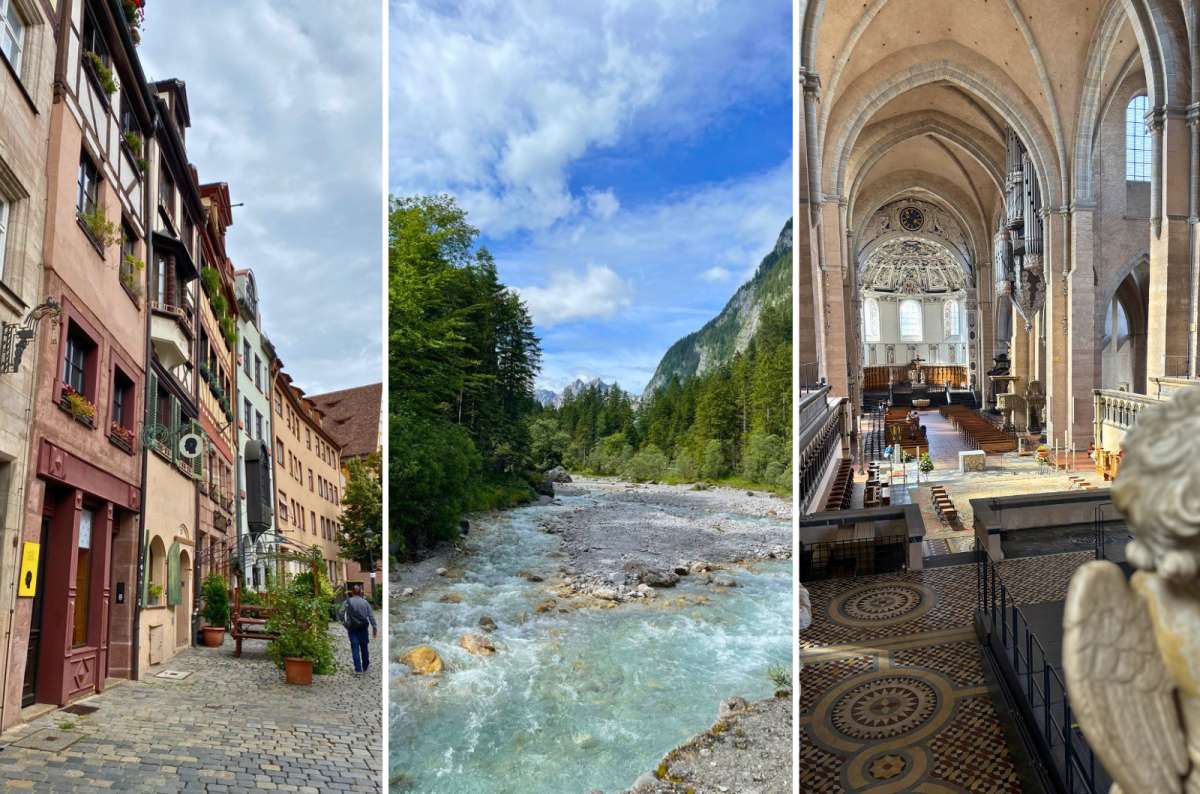 Street in Nuremberg old town, mountain river near Königssee, and interior of St. Lorenz Church in Germany, photo by Next Level of Travel